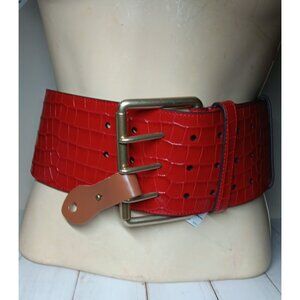 Polo Ralph Lauren Wide Red Belt 3 Prong Belt Faux Croc Embossed Leather Size S